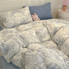 Floral Printed Duvet Cover with Pillowcase Bedding Set Washed Cotton Skin-friendly Four Pieces Set Duvet Cover Set with Sheet