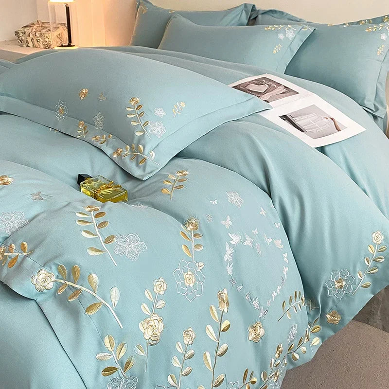 4pcs/set Light Luxury 120s Pure Cotton Floral Embroidered Quilt Cover Pillowcases Fitted Sheet Skin-friendly Naked Bedding Set