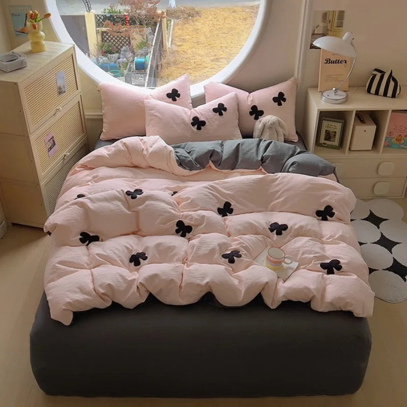4pcs Duvet cover set (1*Duvet Cover + 2*Pillowcase, sheet), Butterfly knot yarn embroidery Bedding Set, Soft Comfortable