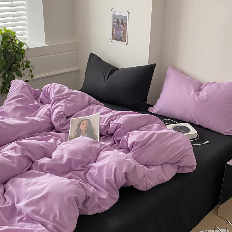 Black Rose Bedding Set Solid 3/4pcs Home Linens Contrast Duvet Cover Pillowcase Flat/Fitted Sheet King Brife Sexy Room Decor