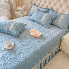 Luxury Velvet Fleece Flowers Lace Ruffles Quilted Bedspread, Mattress Cover, Bed Skirt, Bed Sheet Set, With Pillowcases, 3Pcs