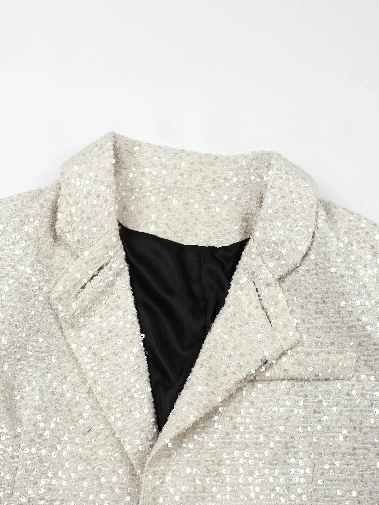 Glitzy Sequined Sash Lapel Blazer