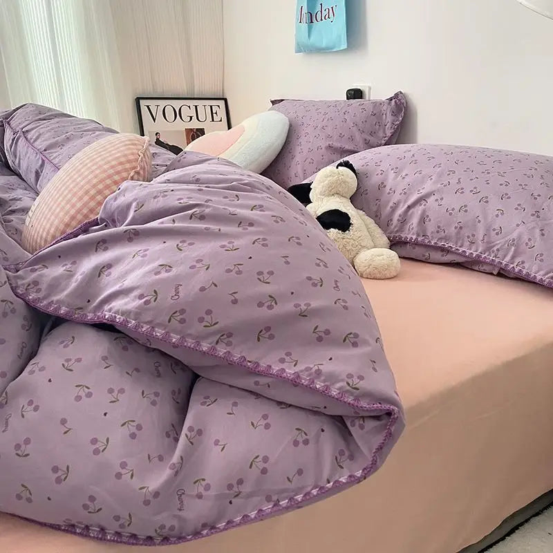 Bedding Set Flora INS Girls 4 New Tulip Rabbit Double-layer  Bed Set Of Four Pieces Washing Cotton Bed Sheets Duvet Cover Set