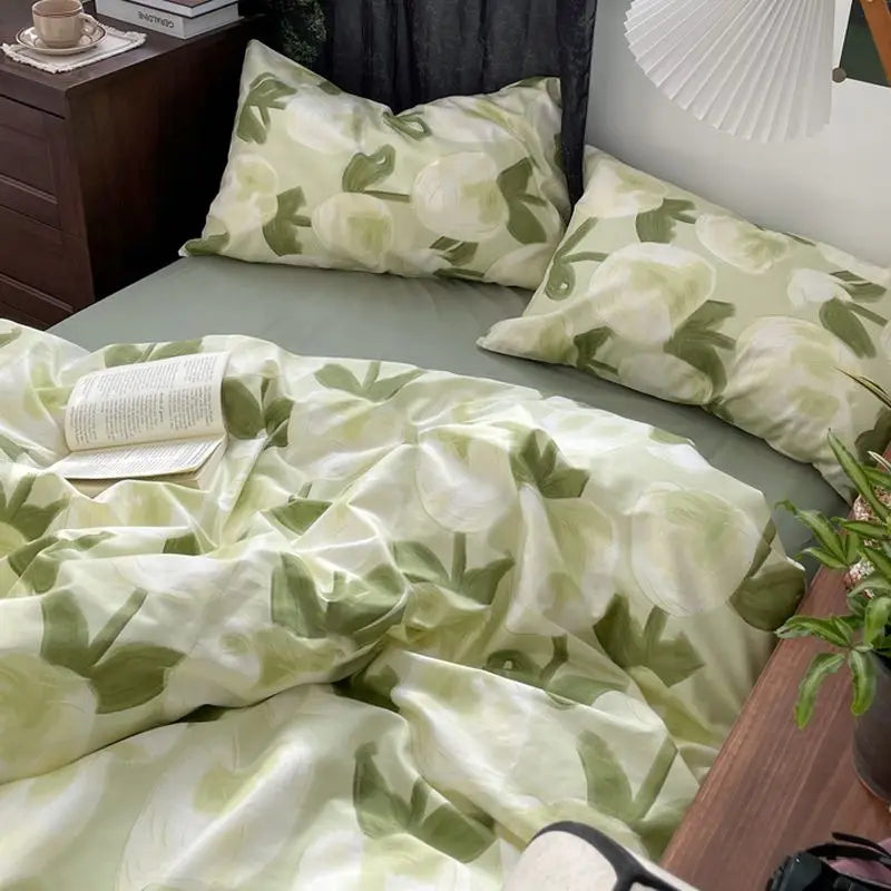 Floral Korean Style Duvet Cover Set No Filler Pillowcase Flat Sheet Twin Queen Size Boys Grils Romantic Bedding Kit