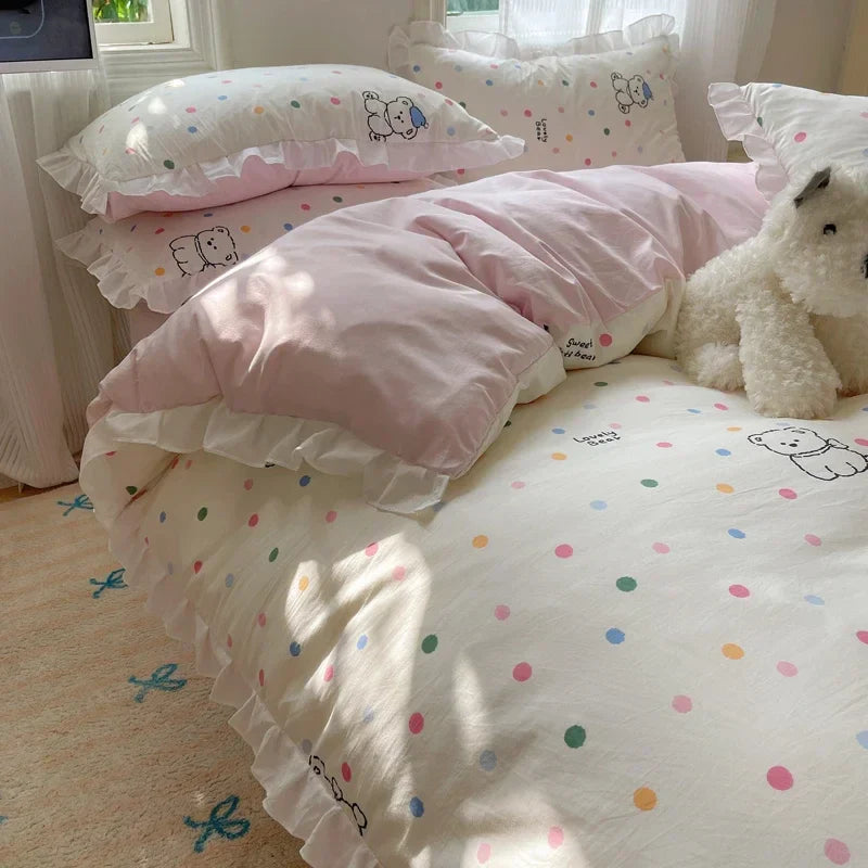 Blue Floral Ruffle Duvet Cover Set Queen Flower Leaf Comforter Covers 4Pcs Soft Luxury Pastoral Garden Washed Cotton Bedding Set