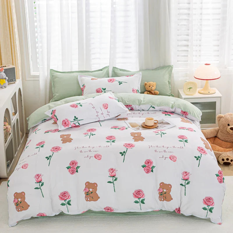 Cartoon Print Home Bedding Set Simple Fresh Comfortable Duvet Cover Set with Sheet Comforter Covers Pillowcases Bed Linen