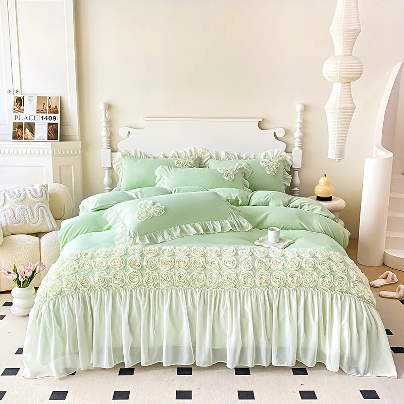 3Pcs Pink Skin-friendly Soft Three-dimensional Flowers Embroidery Lace Ruffles Princess Bedding Set Duvet Cover With Pillowcases