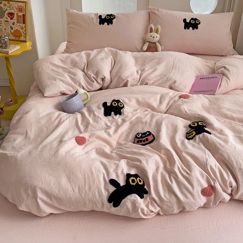 Bedding Set Super Soft Washed Cotton Towel Embroidery Duvet Cover Four Piece Set - Lucky Cat Series