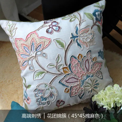 45x45cm Throw Pillows Cotton Linen Flower Embroidery Pillowcase Cover Sofa Car Cushion with Core Home Decor for Living Room