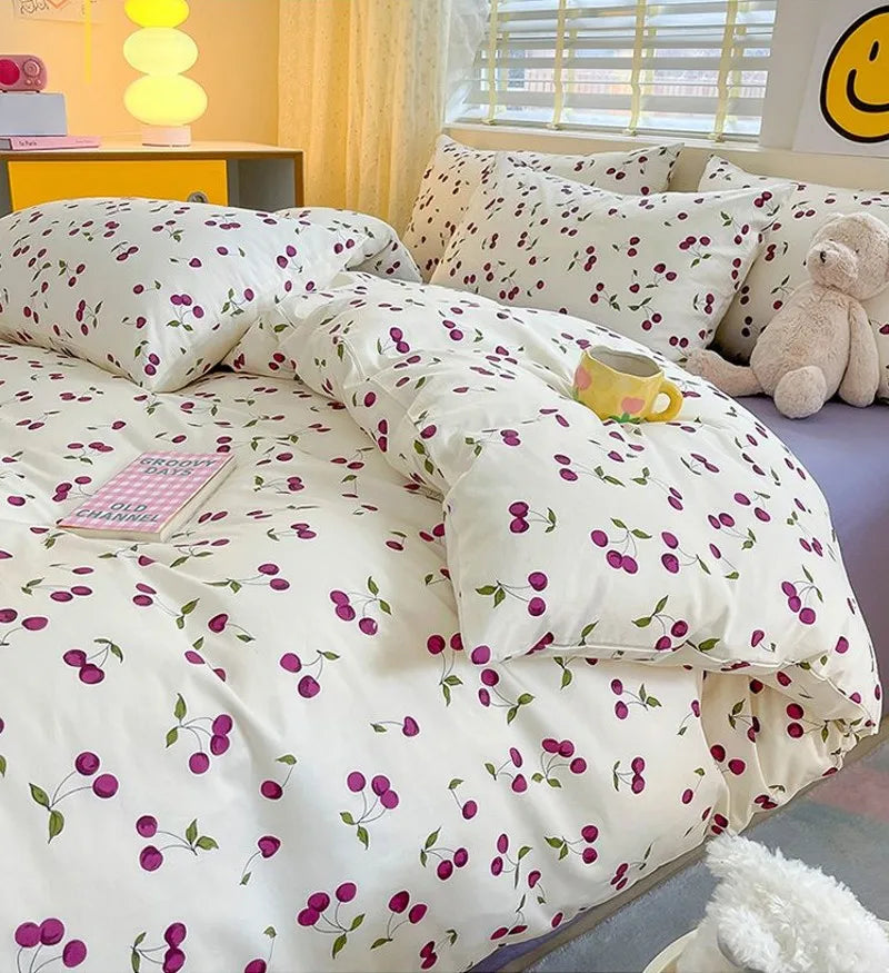 Cherry Cute Bedding Set Flat Sheet Pillowcases No Filler Ins Spring Kids Audlt Single Full Size Home Hotel Bed Linens