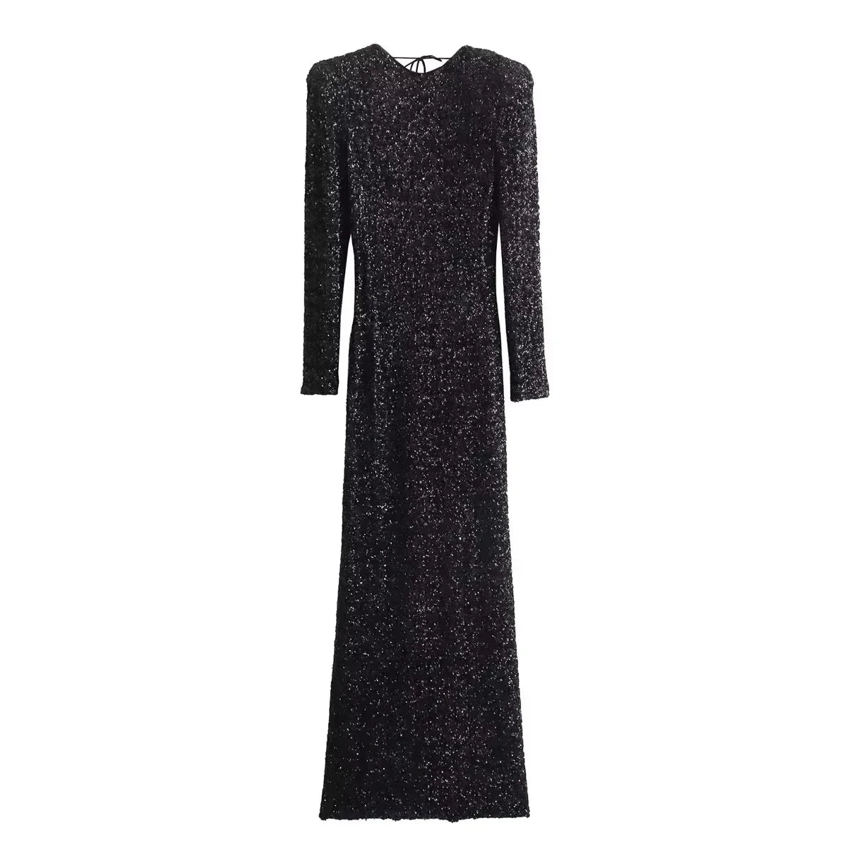 Sequined O-Neck Padded Mid-Back Midi Dress