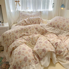 Bedding Set Korean Style New  Small Floral Water Washed Cotton Lace Duvet Cover Set Queen Size