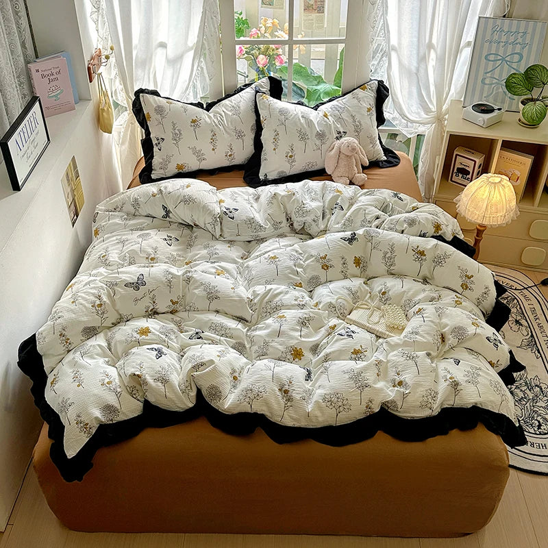 New French Lace Wash Quilt Cover Korean-style Romantic Herben-style Black Print Four-piece Set Skin Friendly Bedding Set