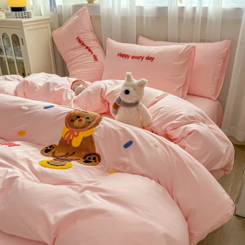Bedding Set Ins Cute Blue embroidery Mixed With Washed Cotton Minimalist Four Piece Set Fitted Sheets Duvet Cover
