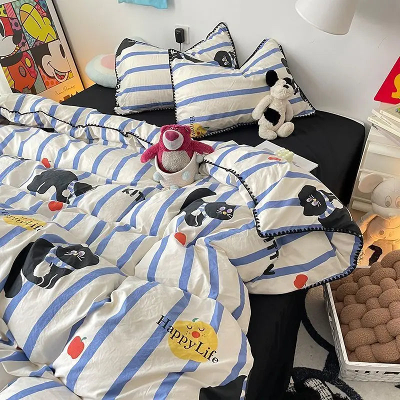 Bedding Set Double Layered Yarn INS Girls Mushroom Soft Washed Cotton Bed Sheet Queen King Size Duvet Set Pillowcase Bed Sheet