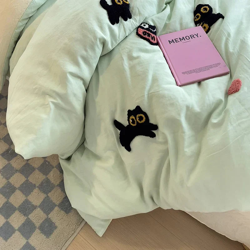 Bedding Set Super Soft Washed Cotton Towel Embroidery Duvet Cover Four Piece Set - Lucky Cat Series