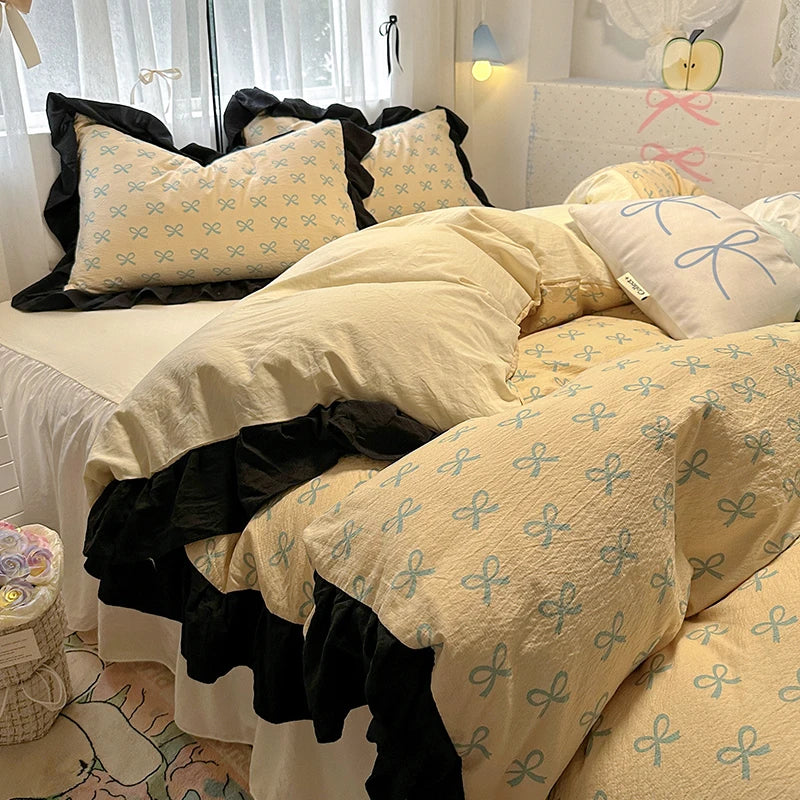 Bedding Set Korean Style New  Small Floral Water Washed Cotton Lace Duvet Cover Set Queen Size