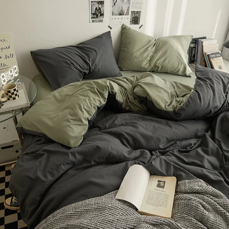 Bed Sheet Set Ins Style Double Color Washed Cotton   Bed Sheet Quilt Cover Sheet 3-piece Set Comforter Set Queen King Size