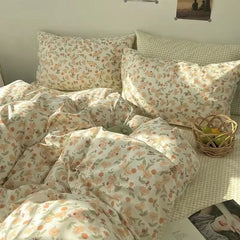Floral Duvet Cover Set Ins Style Flat Sheet Pillowcases Single Double Size Bedding Kit No Filler Girls Boys Home Decoration