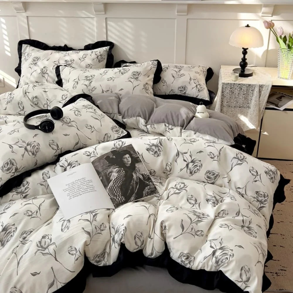 French New Class A Bed Set Four-piece Set Comforter Washed Cotton Four-season Skin Friendly Quilt Cover Three-piece Bedding Set