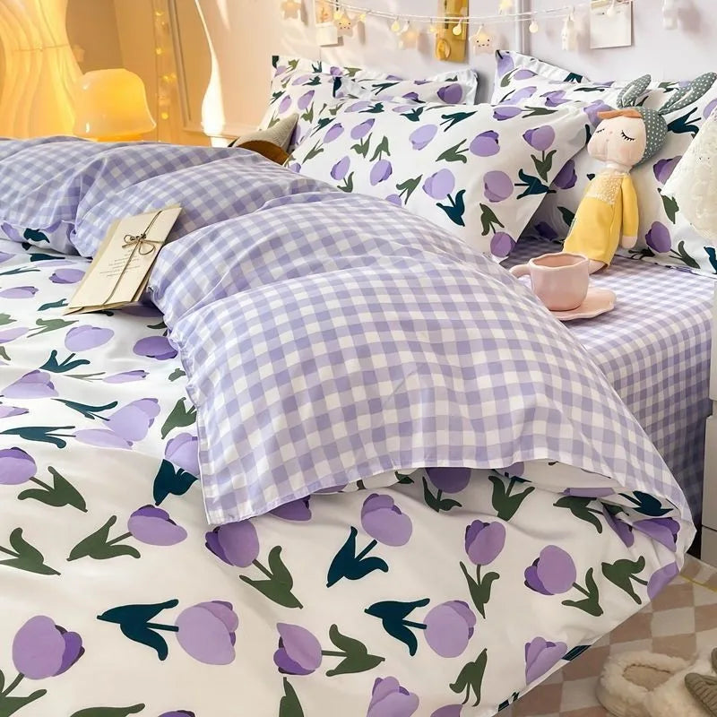 Blue Floral Duvet Cover Set with Pillowcase Bed Sheet No Filler  New Single Double Queen Size Bedding Linens Fashion