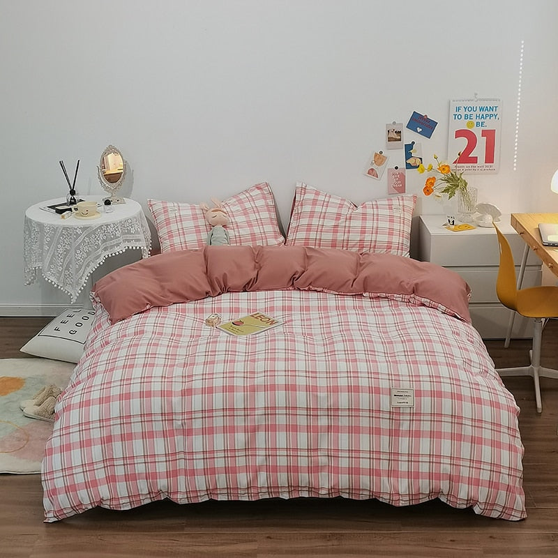 100% Cotton Japanese Simple Style Duvet Cover,Bedding Set With Plaid Stripe,Skin Friendly Breathable,1 Duvet Cover,2 Pillowcase