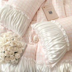 Korean Style Princess Bedding Set Luxury Pink Lattice Duvet Cover Ruffles Lace Bedspread Bed Sheet Pillowcases