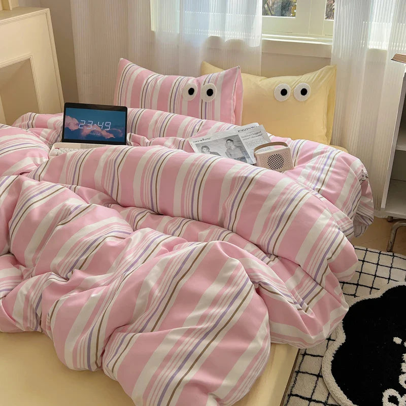 Korean Bed Linen Bedding Sets Stripes Duvet Cover Set Quilt Cover Bed Sheet Quilt Sets Queen Size INS Blogger Comforter Sets