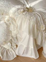 Egyptian Cotton Wedding Bedding Set, Romantic French Lace Ruffles, Flowers Embroidery, Duvet Cover, Bed Sheet, Pillowcases