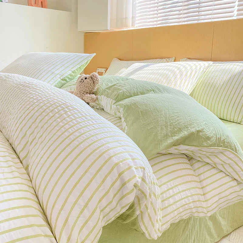Green Striped Duvet Cover Pillowcase and Solid Color Sheet INS Bedding Set Adult Girls Bedclothes Washed Cotton Bed Linens