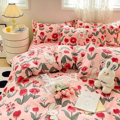 Ins Style Bedding Set No Filler Purple Tulip Fashion Duvet Cover Flat Sheet Pillowcase Girls Boys Single Double Size Bed Linen