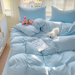 Girls Blue Duvet Cover Set Twin Full Queen Size Soft Flat Sheet Pillowcase Bed Linen Princess Style Solid Color INS Bedding