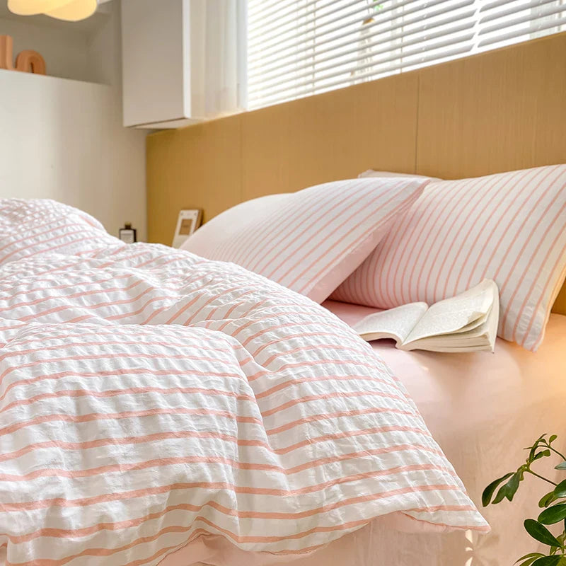 Princess Pink Seersucker Bedding Set INS Stripe Duvet Cover Solid Color Bed Linen Sheet For Girls Single Double Queen Bedclothes