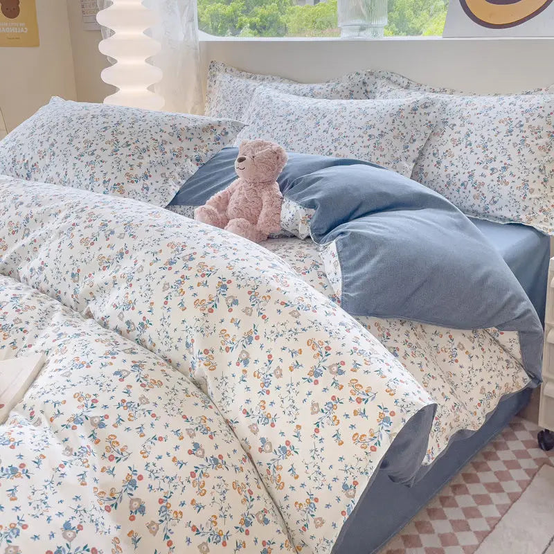 Fashion Floral Bedding Set Blue Pink Boys Girls Single Double Size Duvet Cover Kit No Filling Flat Sheet Pillowcase Home Textile