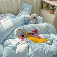 Bedding Set Ins Cute Blue embroidery Mixed With Washed Cotton Minimalist Four Piece Set Fitted Sheets Duvet Cover