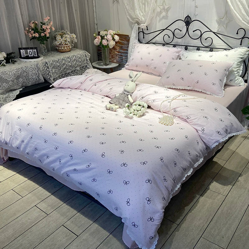 2025 Princess Bedding Set Lace Bow Simple Fresh Duvet Cover Flat Fitted Sheet Pillowcases Home Textile For Women Girl Queen Size