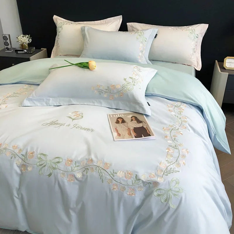 New High-End Simple and Light Luxury Skin-Friendly Cotton Four-Piece Set Simple Embroidery Bedding Lily