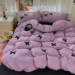 Skin Friendly Washed Cotton Bow Towel Embroidered Duvet Cover Set NO Filler Girls Princess Home Bedding Flat Sheet Pillowcase