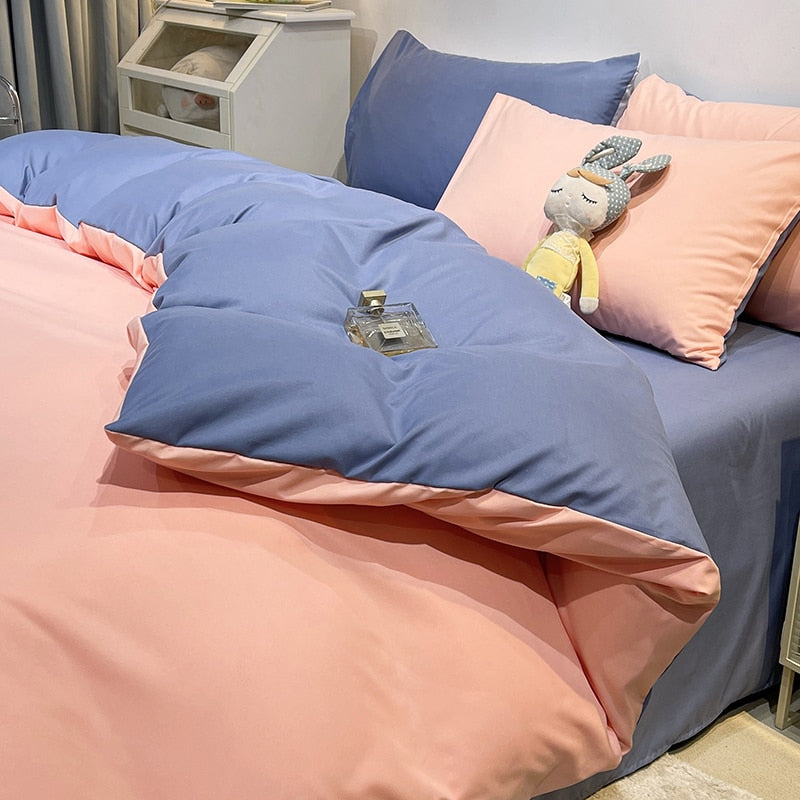 100% Cotton A/B Side Double Spelling Bedding Set,Twin Size,1 Duvet Cover 200x200,2 Pillowcase,No Bed Sheet,Solid Color