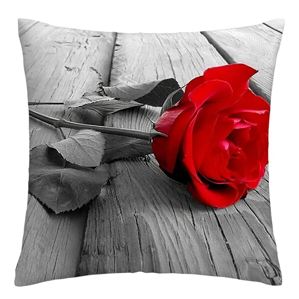 45x45cm Red Rose Flower Cushion Cover Home Wedding Decoration Sofa Bed Lumbar Pillowcase Polyester Red Rose Print Pillow Case