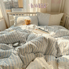 Striped Princess Bedding Set INS Nordic Girls Soft Washed Cotton Bed Flat Sheet Twin Queen Size Duvet Set Pillowcase Bed Linens