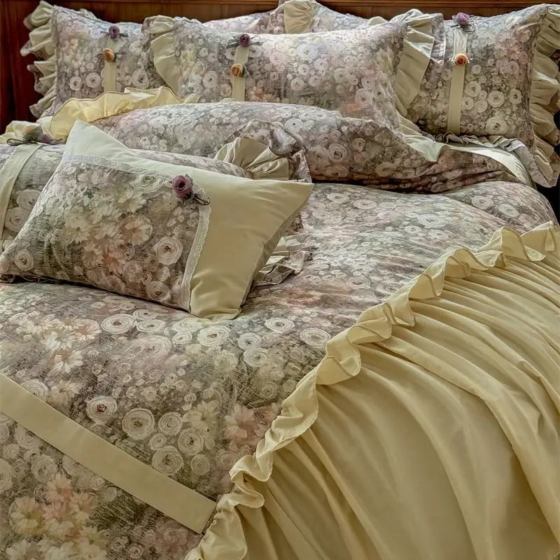 4/5Pcs Vintage French Style Flowers Pleated Lace Ruffles Bedding Set Egyptian Cotton Duvet Cover Bed Skirt Bed Sheet Pillowcases