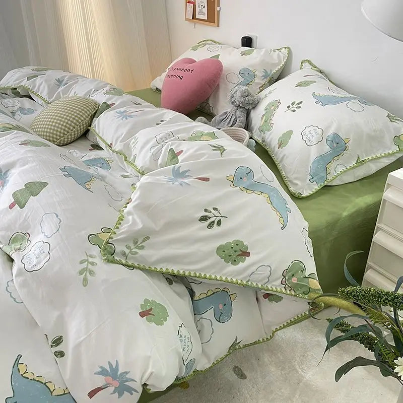 Student Dormitory Three-piece Ins Oil Painting Wind Tulip Quilt Set Double Yarn Four-piece Set 1.8 Washed Cotton Bed Girl