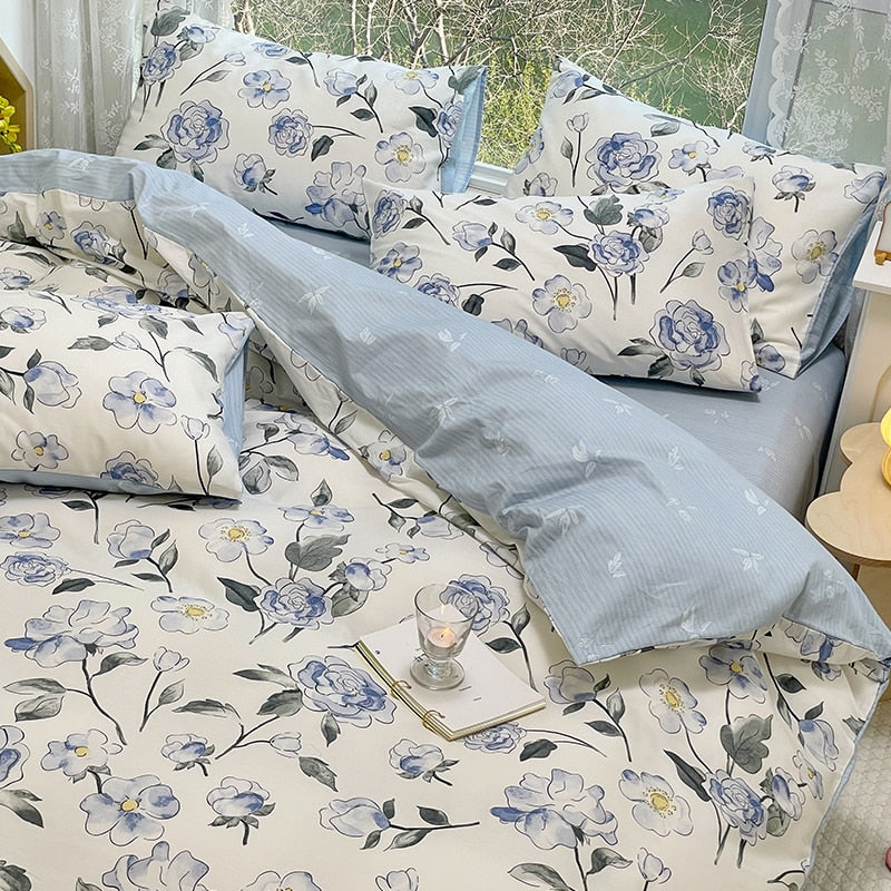 Blue Floral 100% Cotton Luxury Bedding Set, 133x72 Fabric, Skin-friendly,Duvet Cover & 2pcs Pillowcase