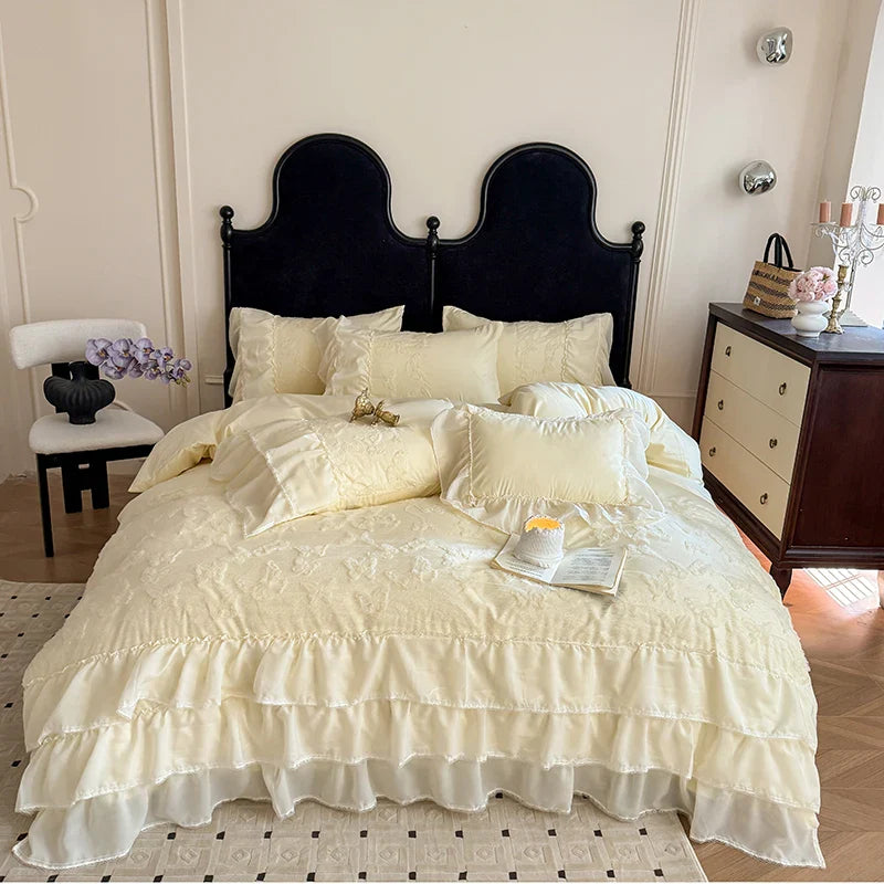 2025 Cotton Princess Bedding Sets Queen Butterflies Embroidered Chiffon Lace Elegant Soft Flat Sheet With Pillowcases 4PCS