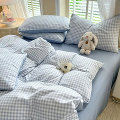 Japanese Style Duvet Cover Set No Filler Blue Plaid Pillowcase Flat Sheet Nordic Single Queen Size Bedding Set