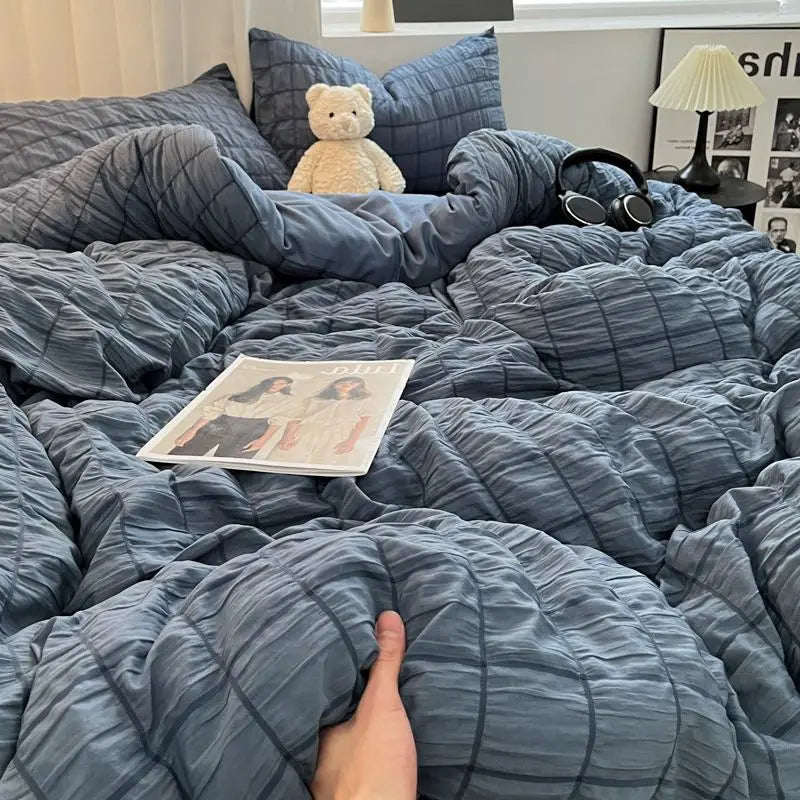 Bedding Set, Checkered Bubble Wash Cotton Quilt Set, Four Pieces, Ins Korean High Quality Bedding Sheet Set, Dormitory 3 Pcs