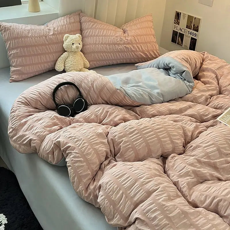 Bedding Set, Checkered Bubble Wash Cotton Quilt Set, Four Pieces, Ins Korean High Quality Bedding Sheet Set, Dormitory 3 Pcs