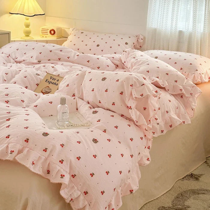 2025 Princess Style Bedding Sets Ruffle Lace Bow Quilt Cover Romantic Bedclothes Decor Woman Girls Bedroom Duvet Cover 4pcs