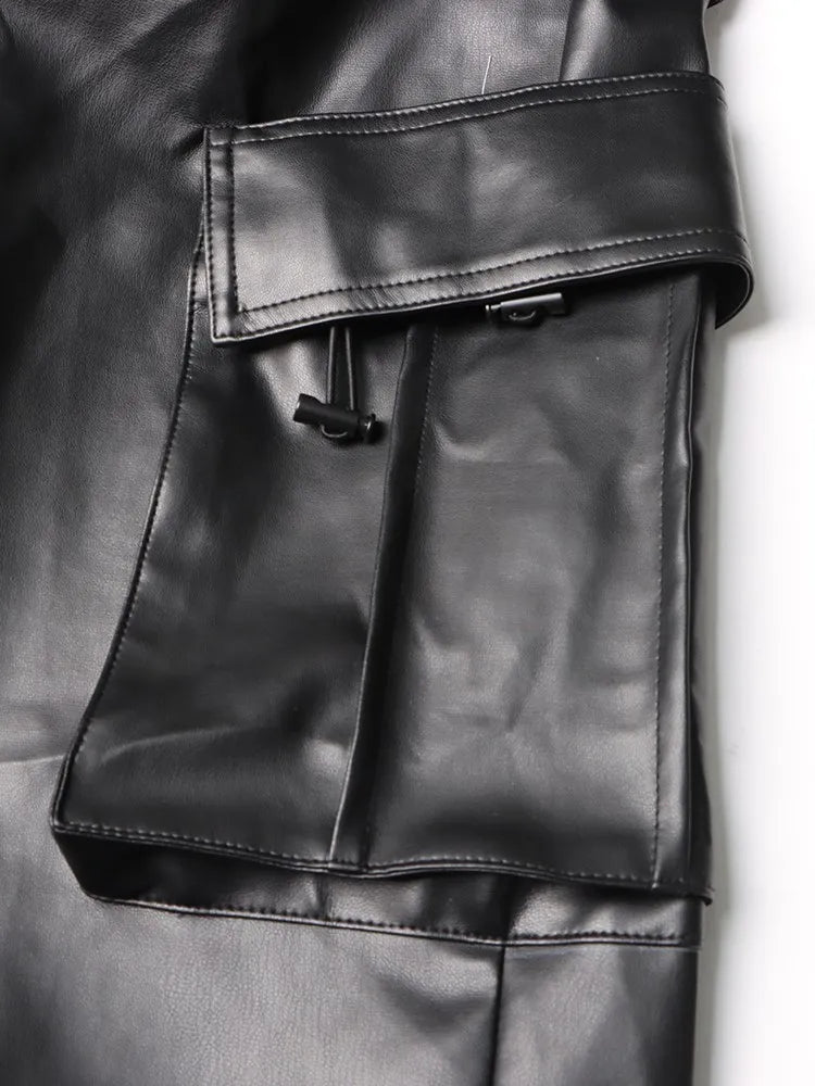 Patch-Pockets Vegan Leather Cargo Pants